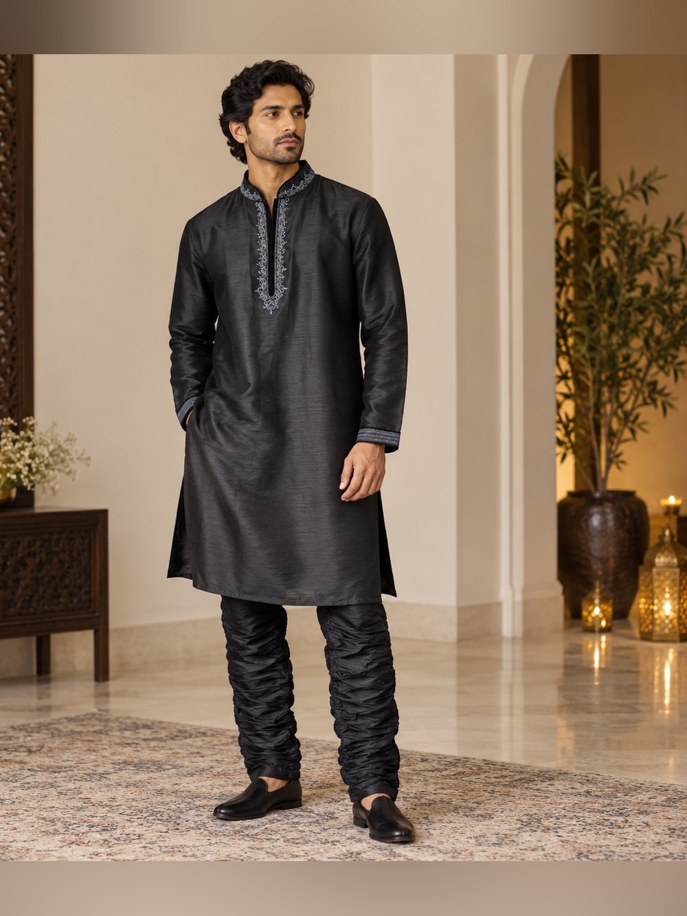 Manu Ethnic Wear Black Embroidered Kurta Pajama Set Men’s L